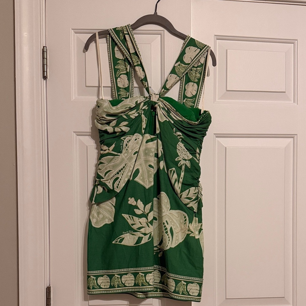 FARM Rio Green and Cream Linen Dress